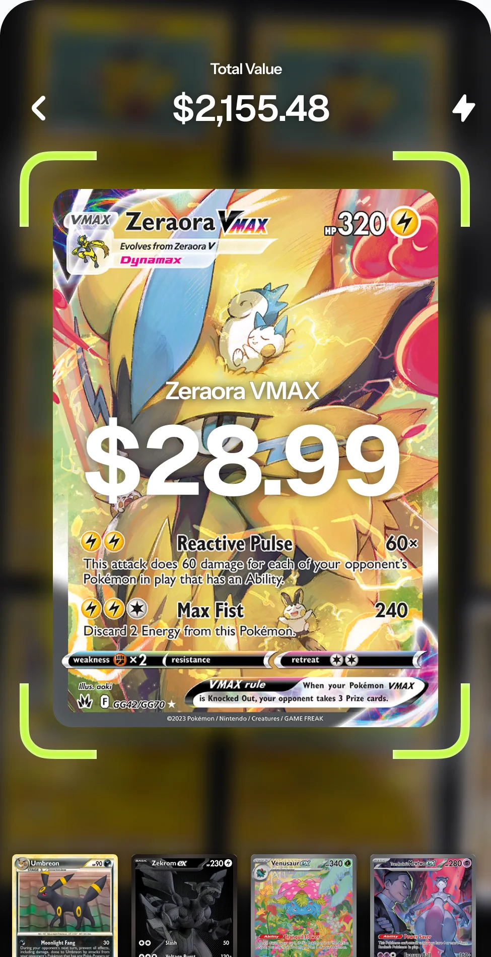 Scanning Zeraora VMAX: the card is recognized at $28.99, and the collection's total value reads $2,155.48.